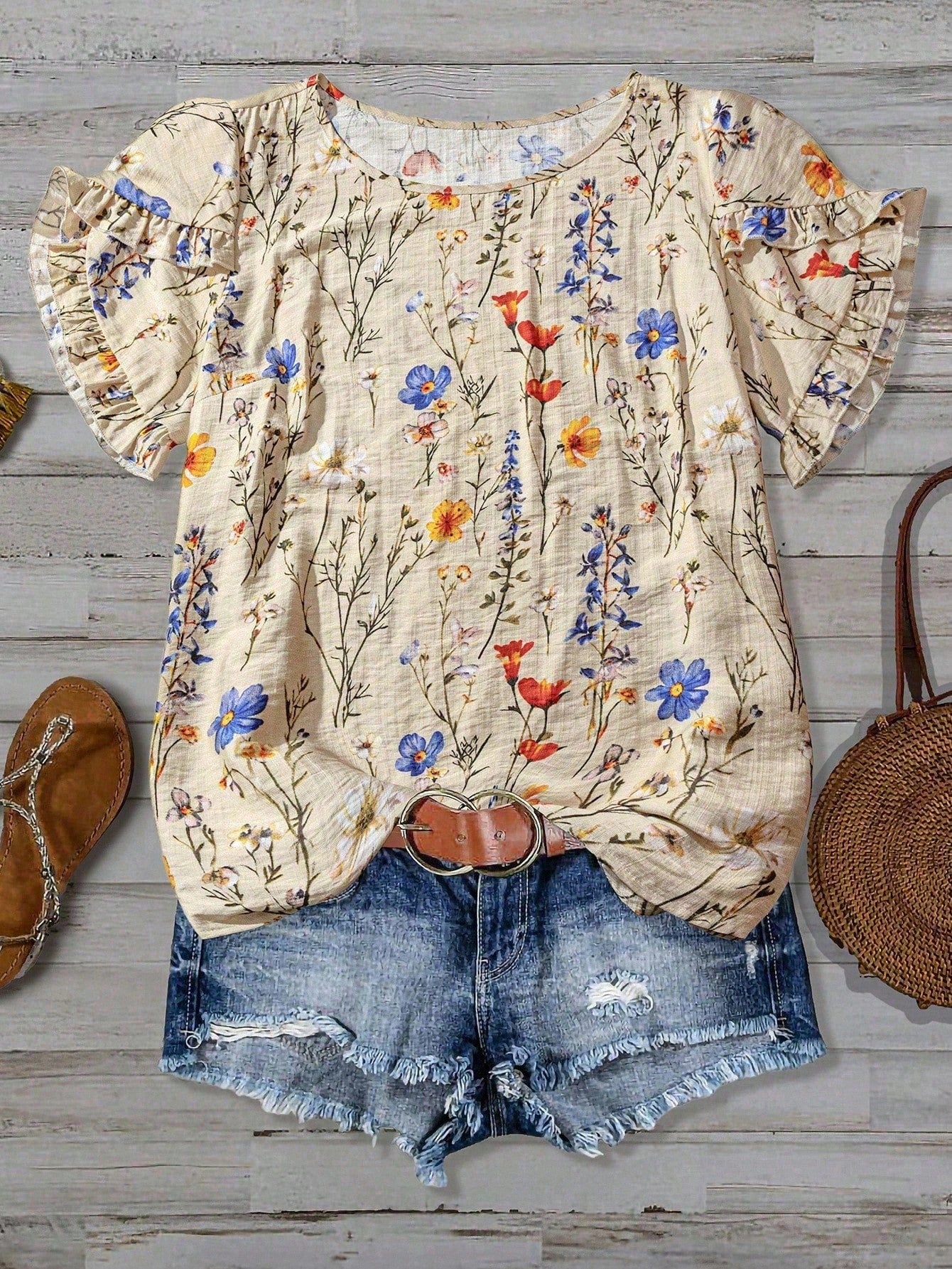 Linhara Plus Size Women Summer Beige Boho Vacation Holiday Colorful Print Frill Trim Short Sleeve Casual Loose Flattering Commute Fashion Stylish Blouse