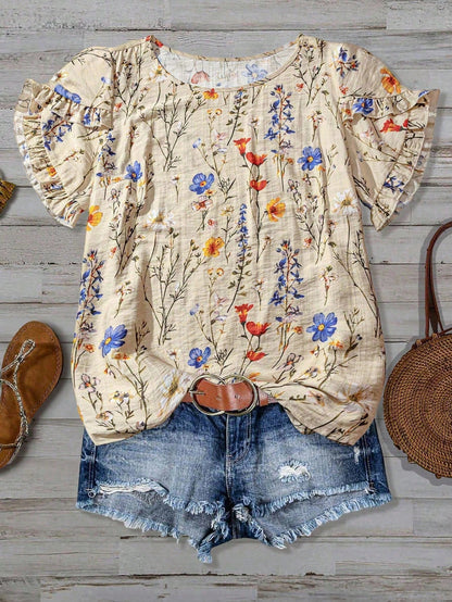 Linhara Plus Size Women Summer Beige Boho Vacation Holiday Colorful Print Frill Trim Short Sleeve Casual Loose Flattering Commute Fashion Stylish Blouse