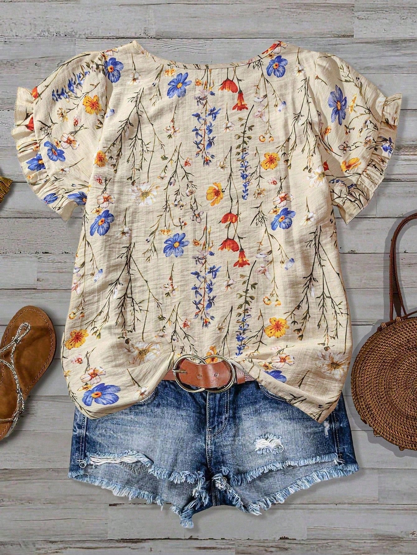 Linhara Plus Size Women Summer Beige Boho Vacation Holiday Colorful Print Frill Trim Short Sleeve Casual Loose Flattering Commute Fashion Stylish Blouse
