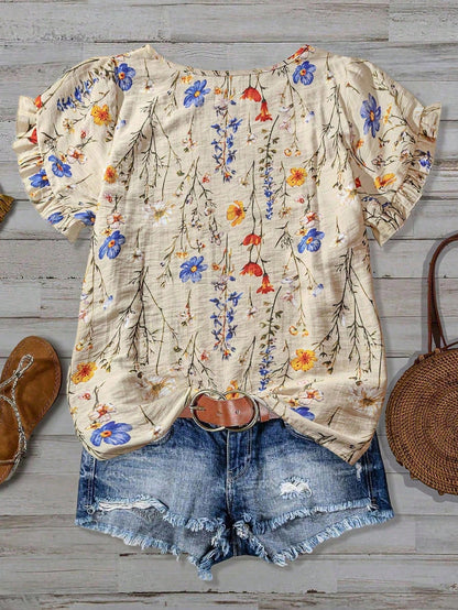 Linhara Plus Size Women Summer Beige Boho Vacation Holiday Colorful Print Frill Trim Short Sleeve Casual Loose Flattering Commute Fashion Stylish Blouse