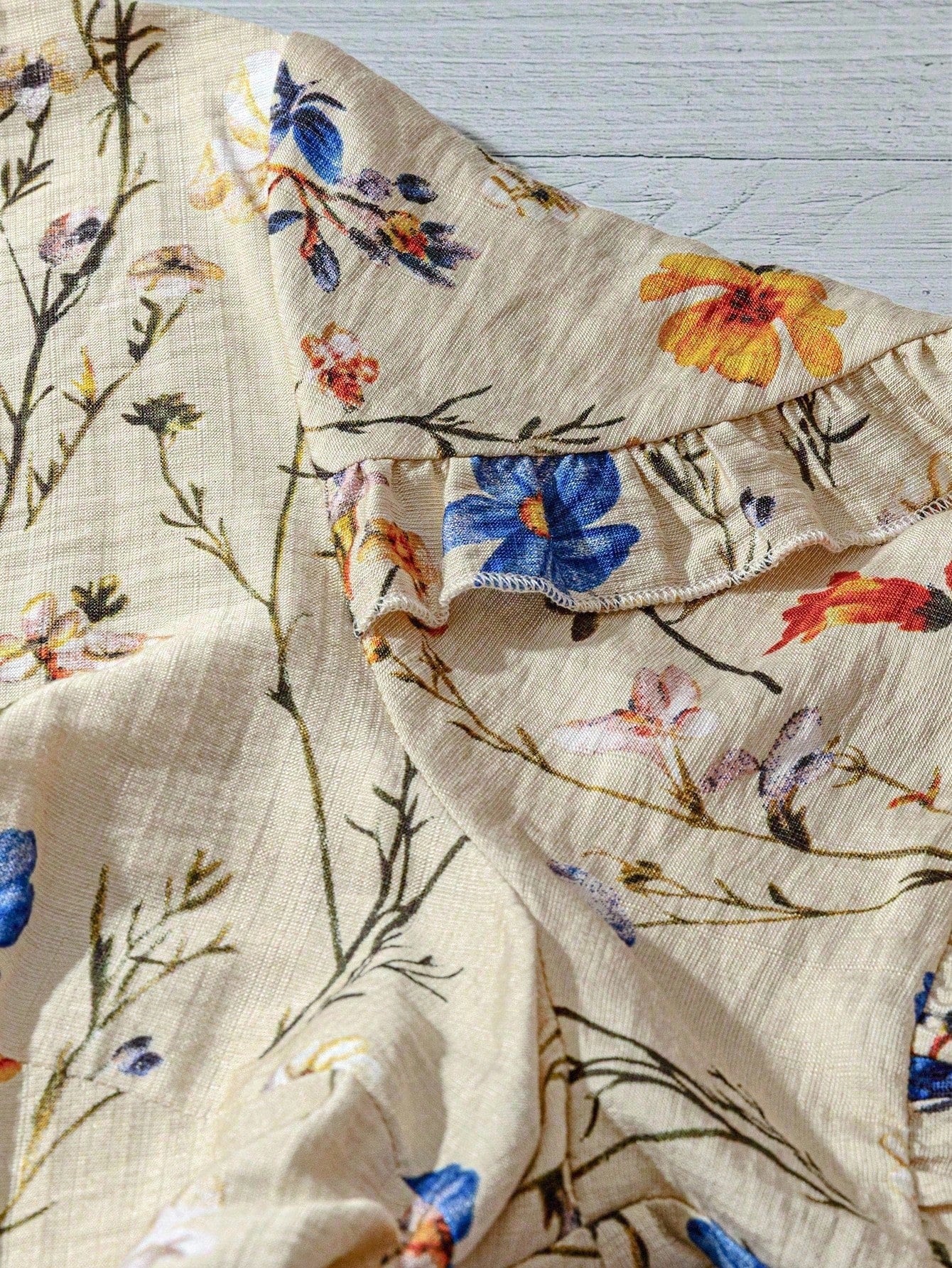 Linhara Plus Size Women Summer Beige Boho Vacation Holiday Colorful Print Frill Trim Short Sleeve Casual Loose Flattering Commute Fashion Stylish Blouse