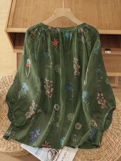 Linhara Vintage V-Neck Lantern Sleeve Loose Casual Plus Size Women Blouse