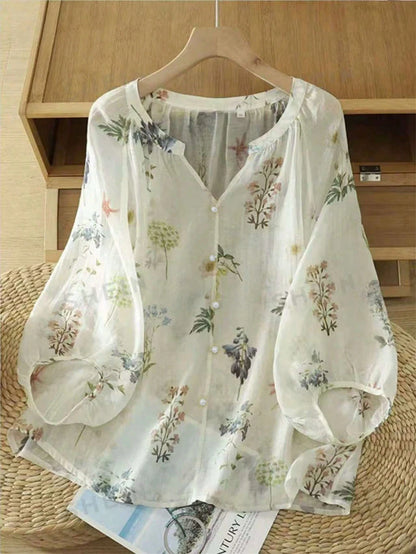 Linhara Vintage V-Neck Lantern Sleeve Loose Casual Plus Size Women Blouse