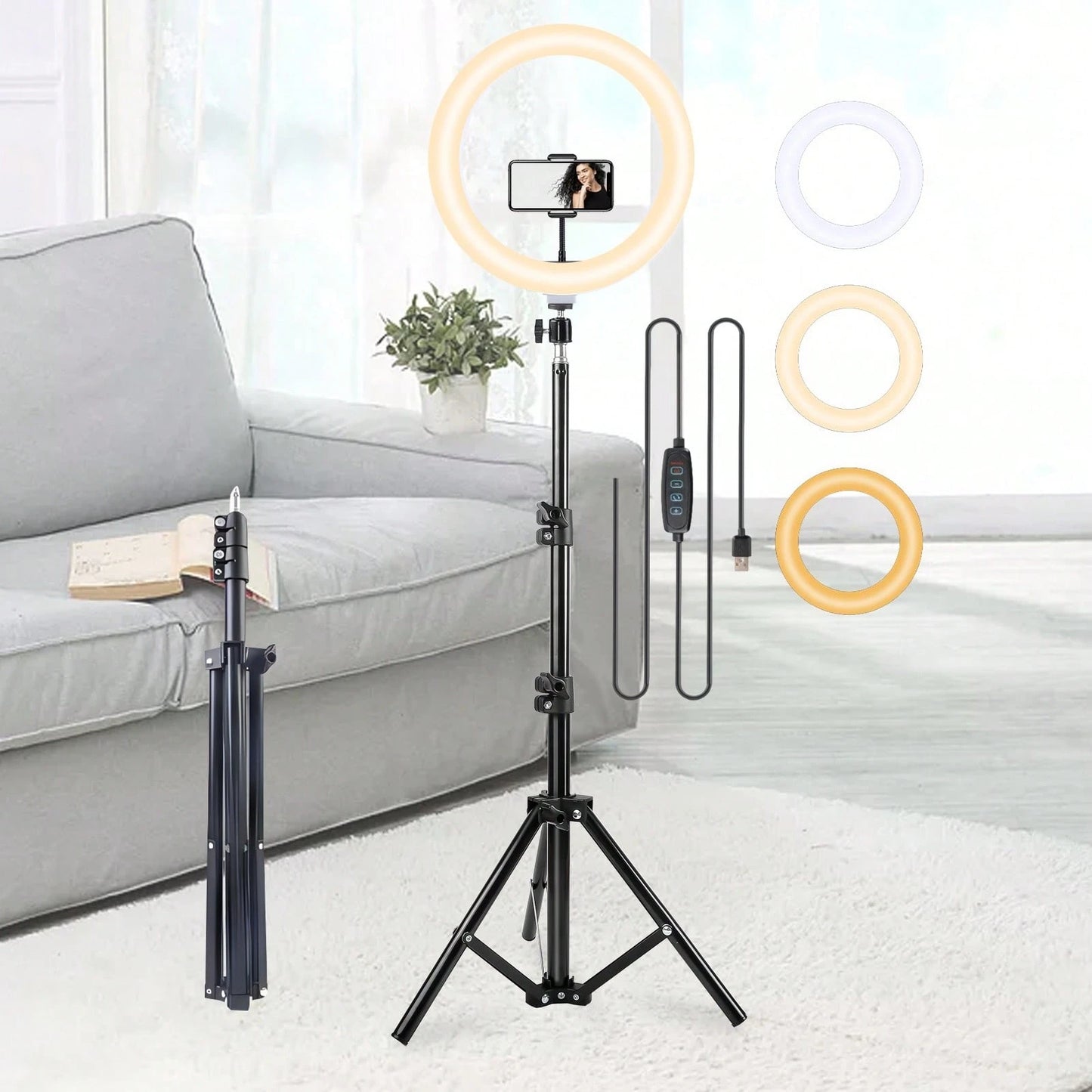 LinkdoSky Multi Functional 10 Inch LED Ring Light Kit With Adjustable Tripod (110cm) And Phone Holder- Tri Color Adjustment- USB Power Supply LED Light With Flexible Tripod Stand & Phone Holder,69 C