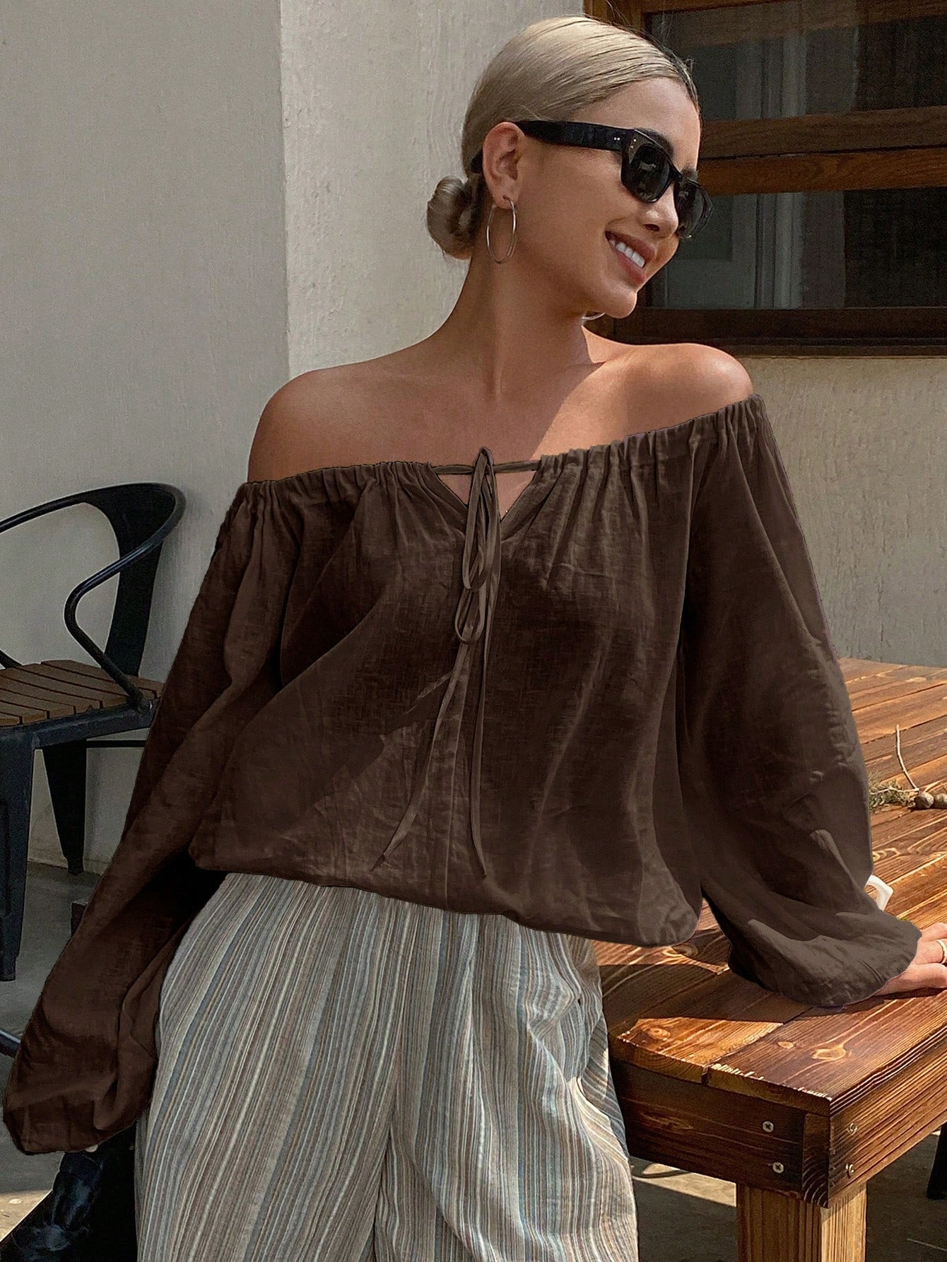 Livesso New Summer Loose Casual Beach Vacation Style Women Shirt Linen,Fall Clothes Long Sleeve Top Off Shoulder Top