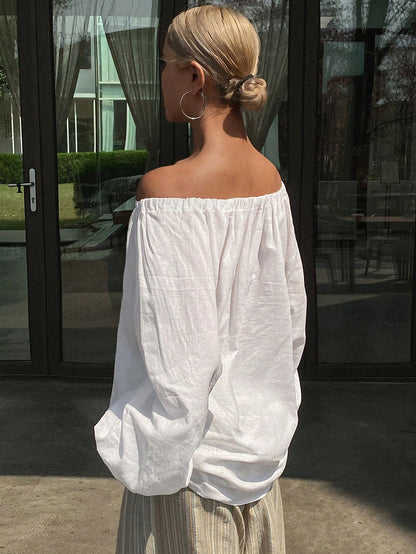 Livesso New Summer Loose Casual Beach Vacation Style Women Shirt Linen,Fall Clothes Long Sleeve Top Off Shoulder Top