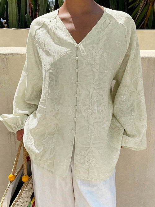 Livesso Women's White Printed V-Neck Petal Sleeve Vacation Blouse For Summer Holiday Thin Clothing