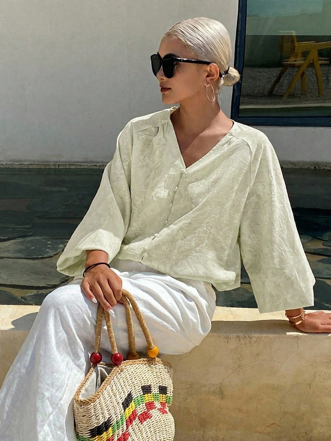 Livesso Women's White Printed V-Neck Petal Sleeve Vacation Blouse For Summer Holiday Thin Clothing