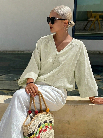 Livesso Women's White Printed V-Neck Petal Sleeve Vacation Blouse For Summer Holiday Thin Clothing