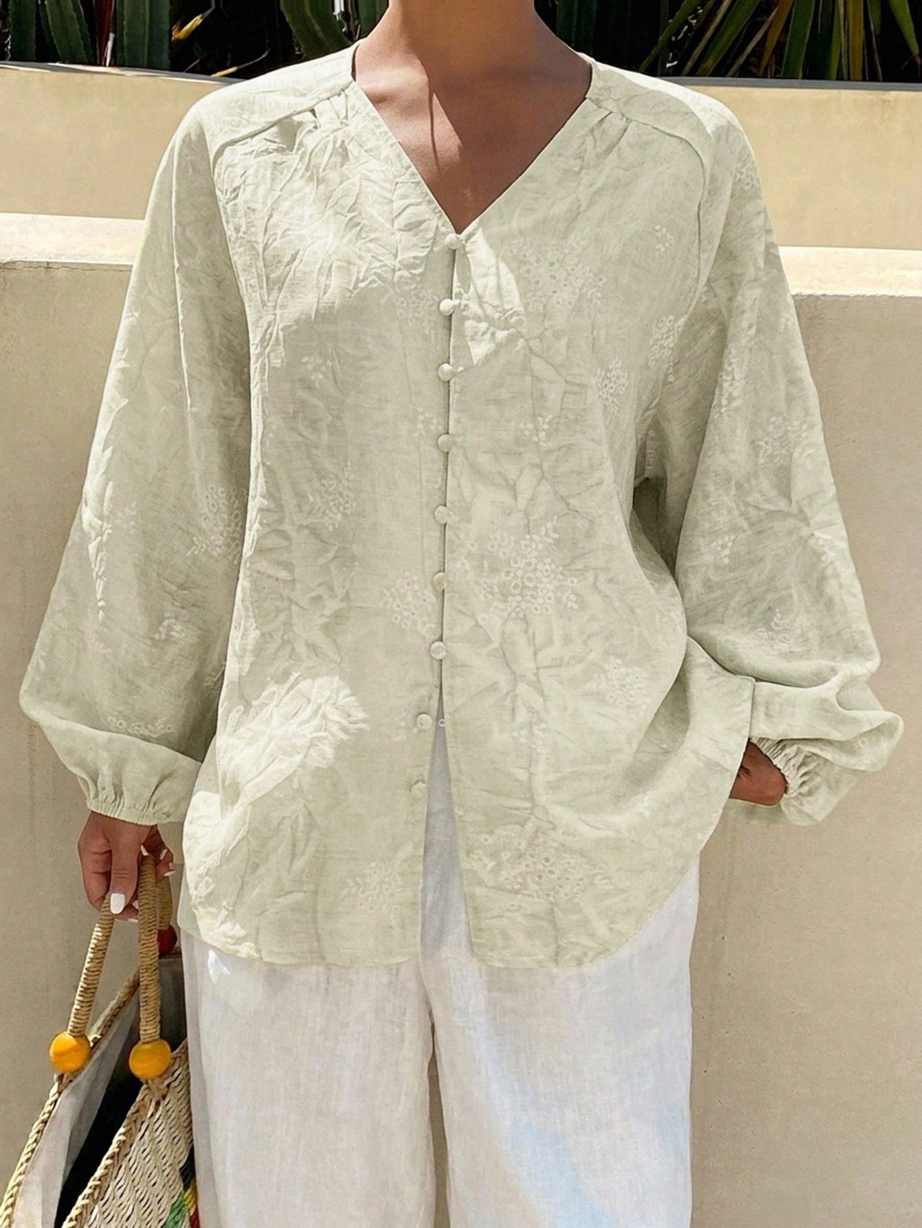 Livesso Women's White Printed V-Neck Petal Sleeve Vacation Blouse For Summer Holiday Thin Clothing