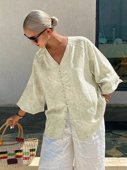 Livesso Women's White Printed V-Neck Petal Sleeve Vacation Blouse For Summer Holiday Thin Clothing