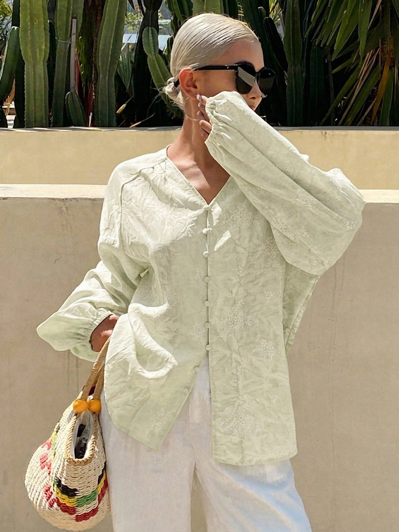 Livesso Women's White Printed V-Neck Petal Sleeve Vacation Blouse For Summer Holiday Thin Clothing