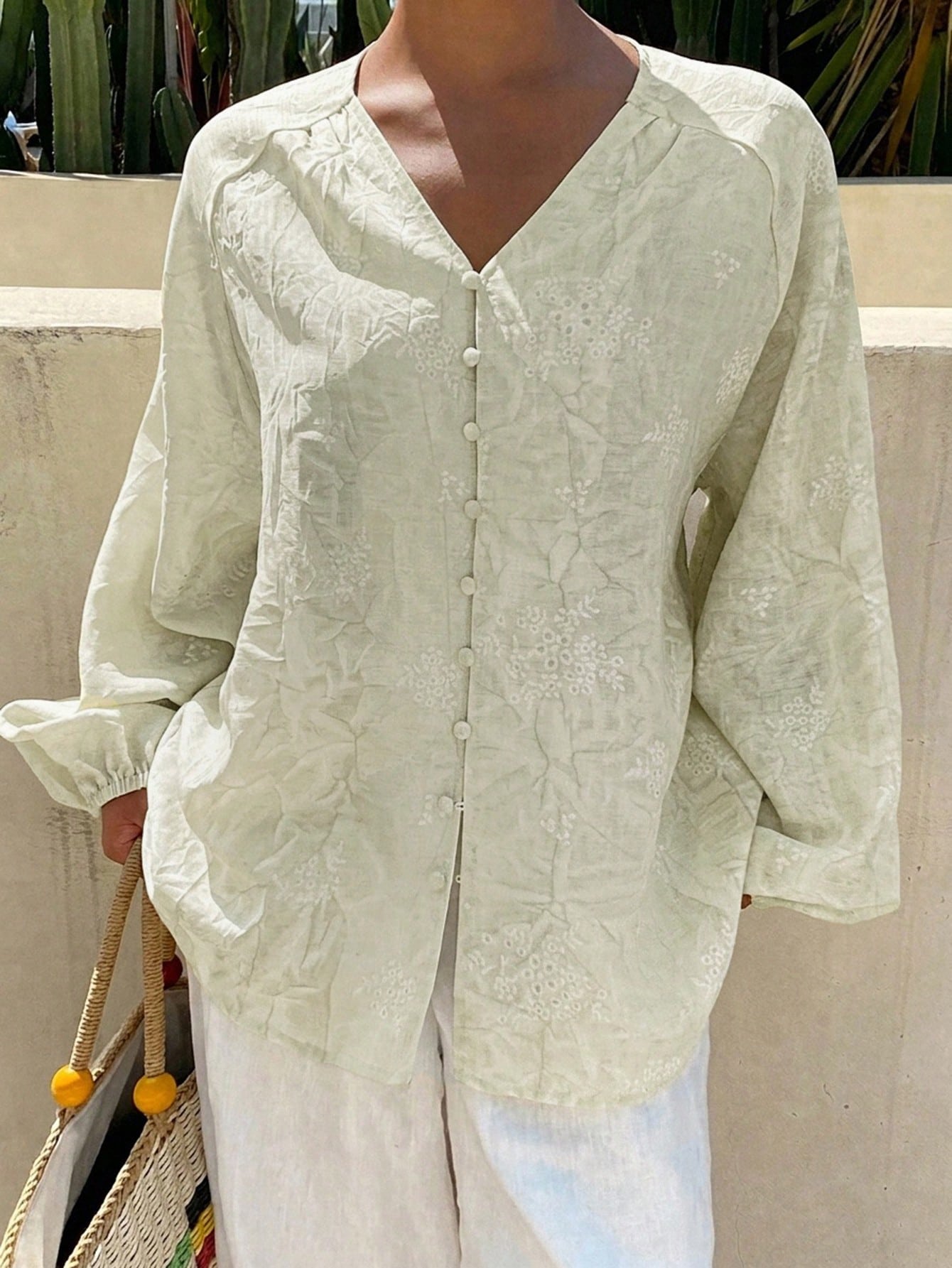 Livesso Women's White Printed V-Neck Petal Sleeve Vacation Blouse For Summer Holiday Thin Clothing