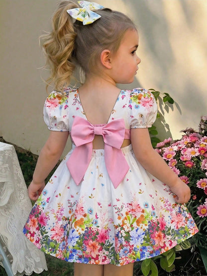 LMoss Kids Baby Girl Woven Ditsy Floral Square Collar Puff Sleeve Casual Cute Big Bow Decor Dress