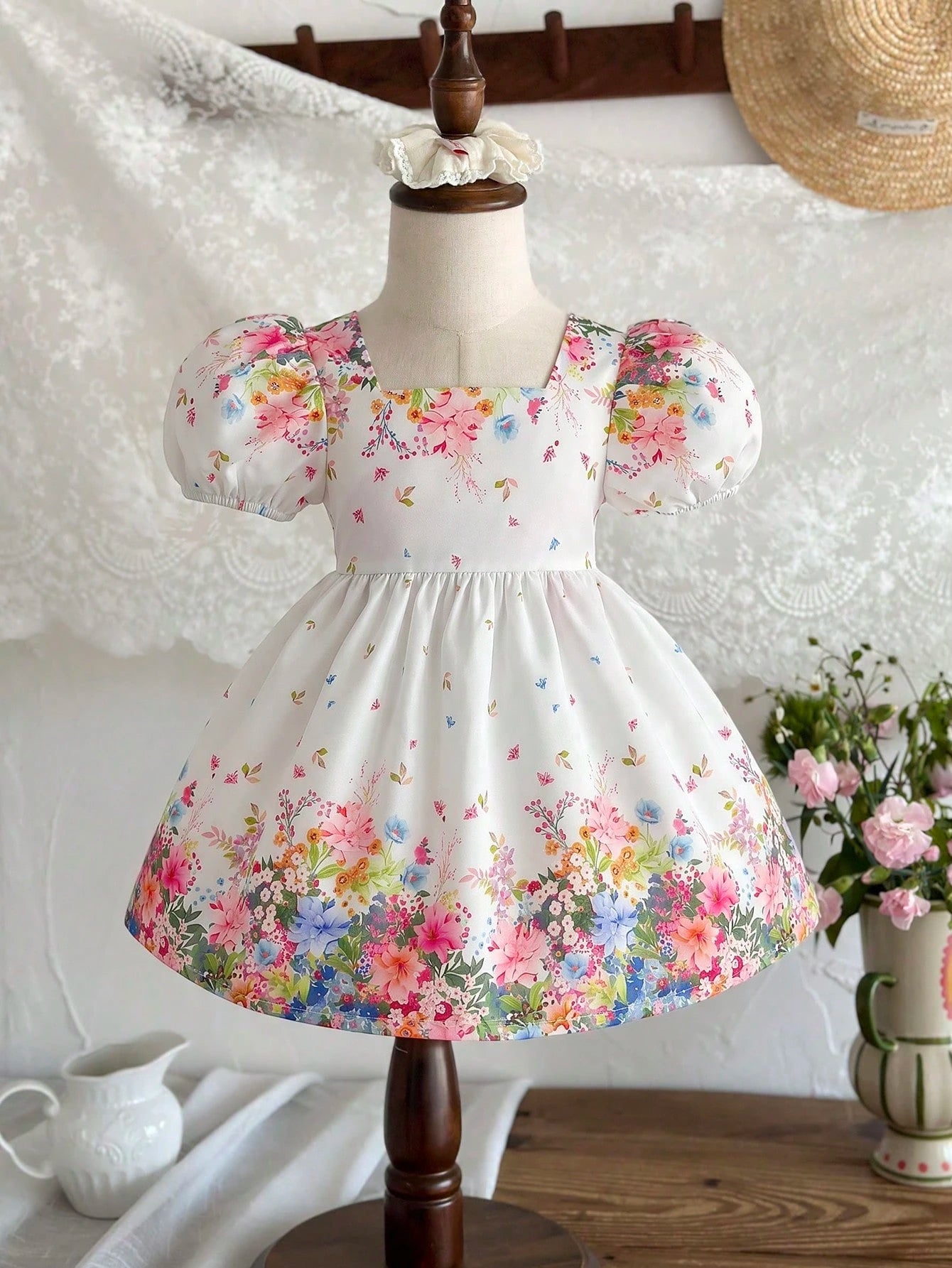 LMoss Kids Baby Girl Woven Ditsy Floral Square Collar Puff Sleeve Casual Cute Big Bow Decor Dress