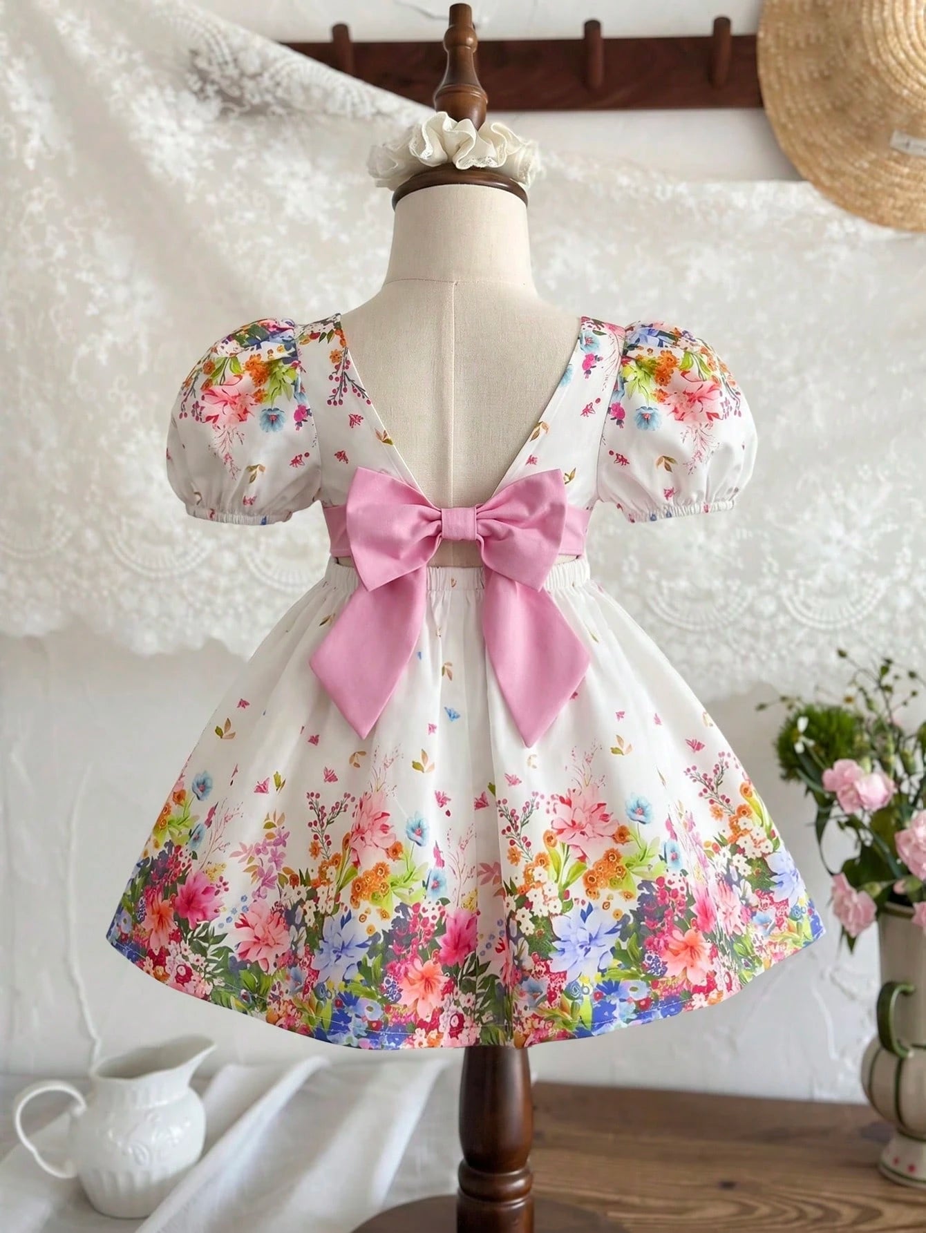 LMoss Kids Baby Girl Woven Ditsy Floral Square Collar Puff Sleeve Casual Cute Big Bow Decor Dress