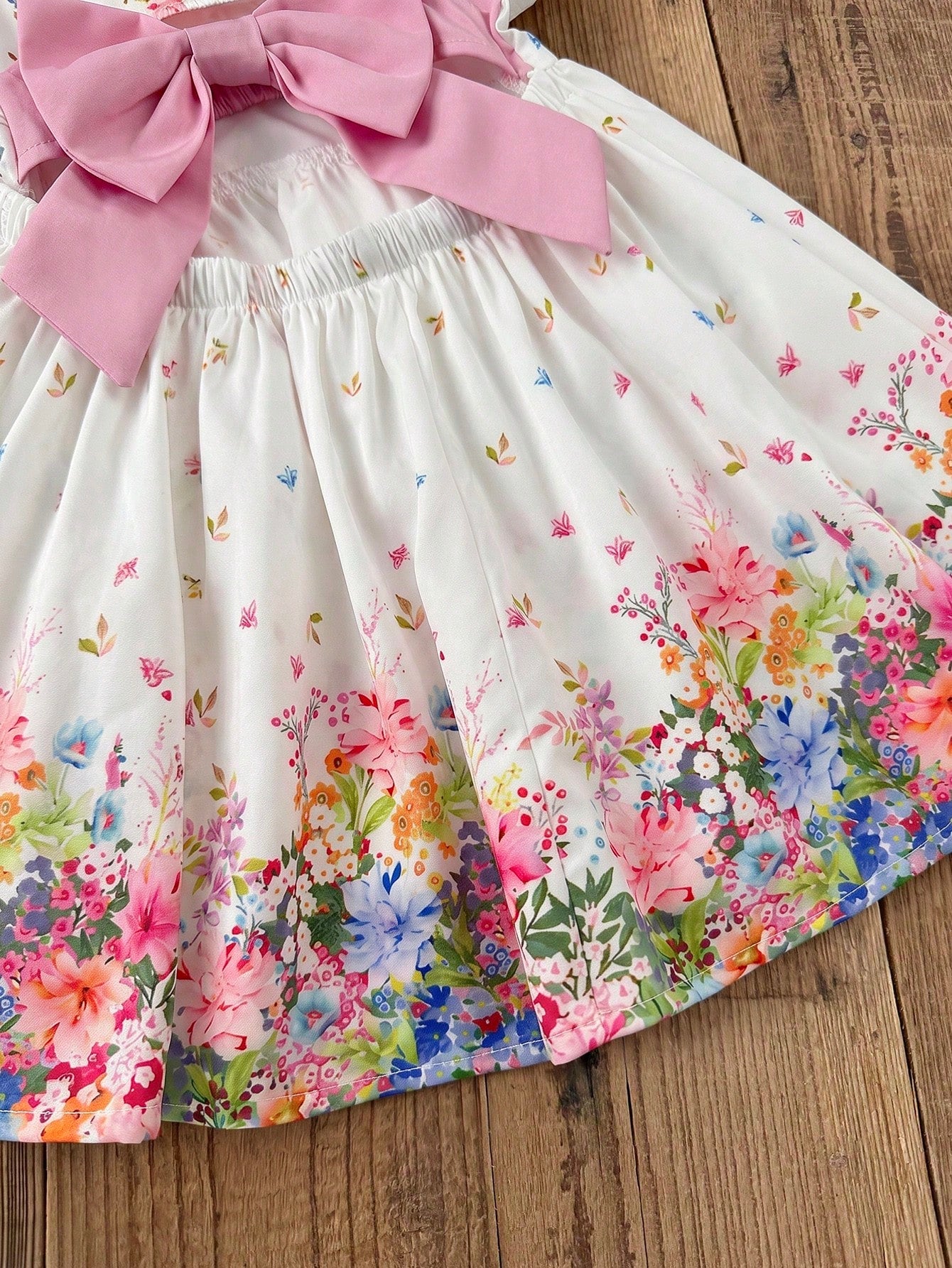 LMoss Kids Baby Girl Woven Ditsy Floral Square Collar Puff Sleeve Casual Cute Big Bow Decor Dress