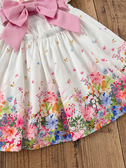 LMoss Kids Baby Girl Woven Ditsy Floral Square Collar Puff Sleeve Casual Cute Big Bow Decor Dress