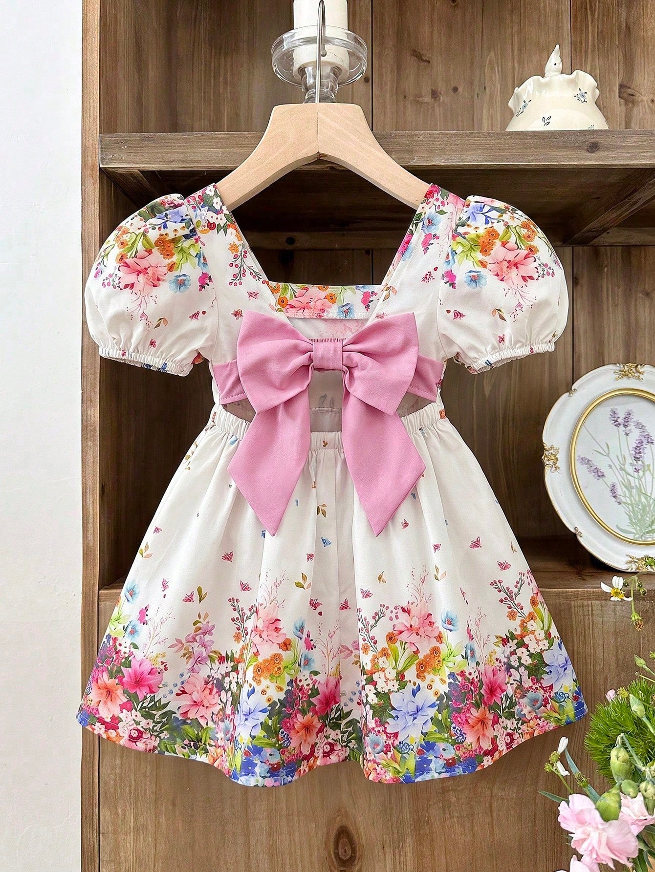 LMoss Kids Baby Girl Woven Ditsy Floral Square Collar Puff Sleeve Casual Cute Big Bow Decor Dress