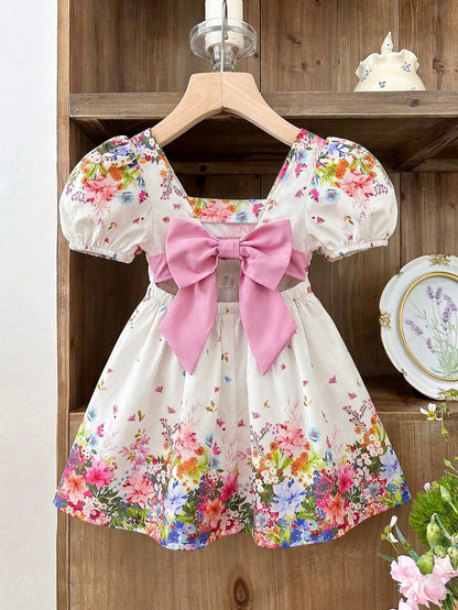 LMoss Kids Baby Girl Woven Ditsy Floral Square Collar Puff Sleeve Casual Cute Big Bow Decor Dress