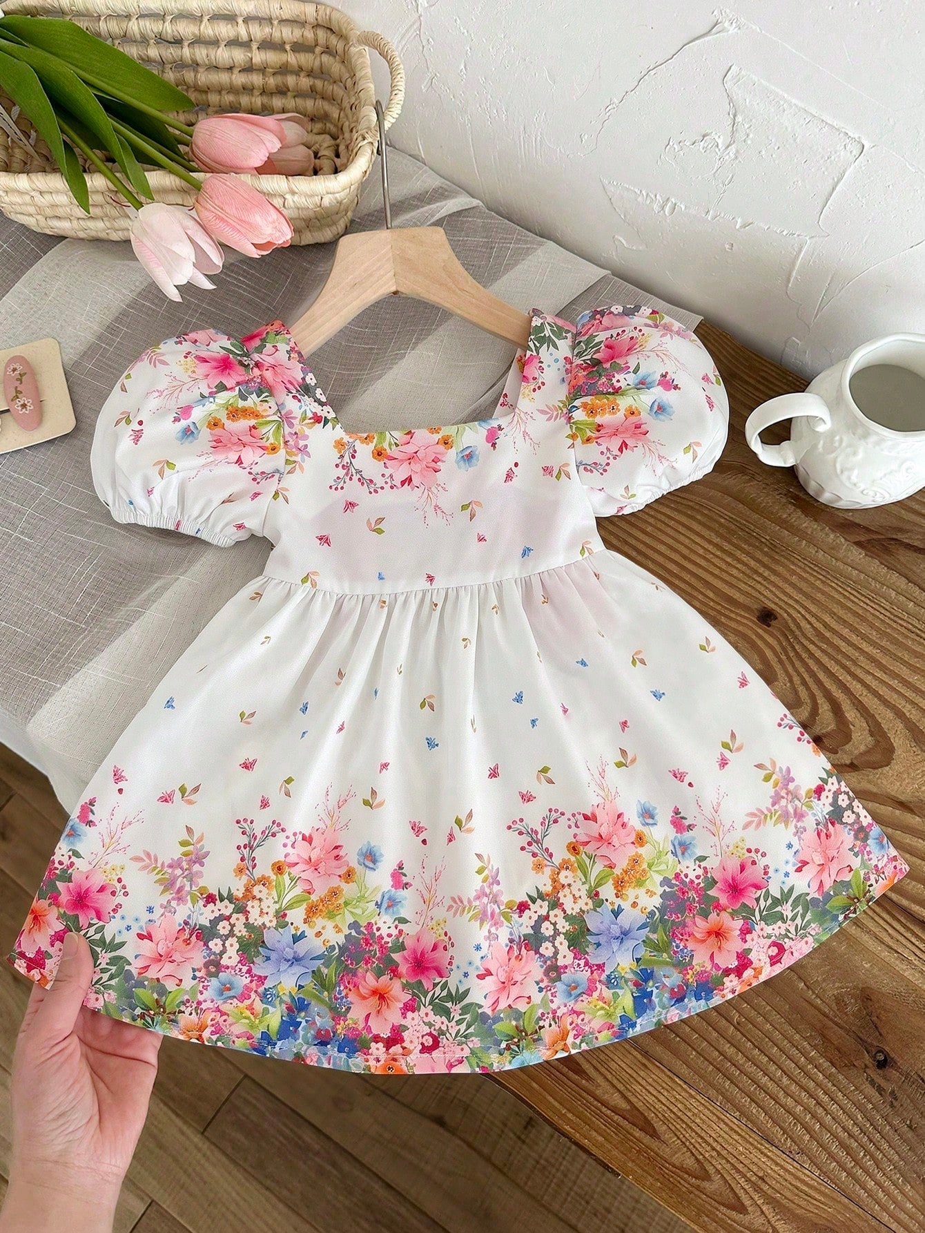 LMoss Kids Baby Girl Woven Ditsy Floral Square Collar Puff Sleeve Casual Cute Big Bow Decor Dress