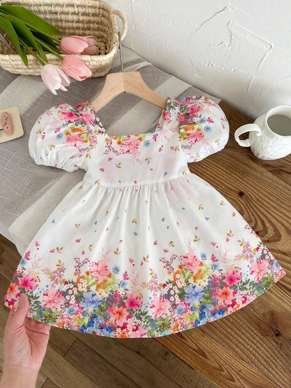 LMoss Kids Baby Girl Woven Ditsy Floral Square Collar Puff Sleeve Casual Cute Big Bow Decor Dress