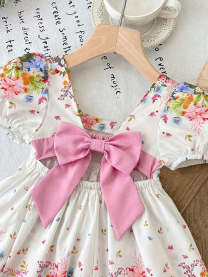 LMoss Kids Baby Girl Woven Ditsy Floral Square Collar Puff Sleeve Casual Cute Big Bow Decor Dress