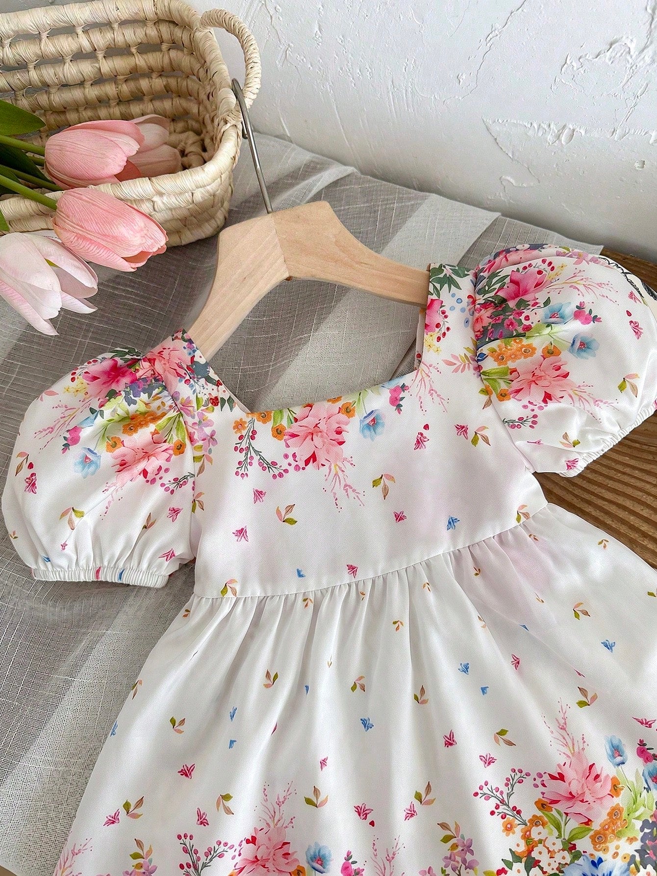 LMoss Kids Baby Girl Woven Ditsy Floral Square Collar Puff Sleeve Casual Cute Big Bow Decor Dress