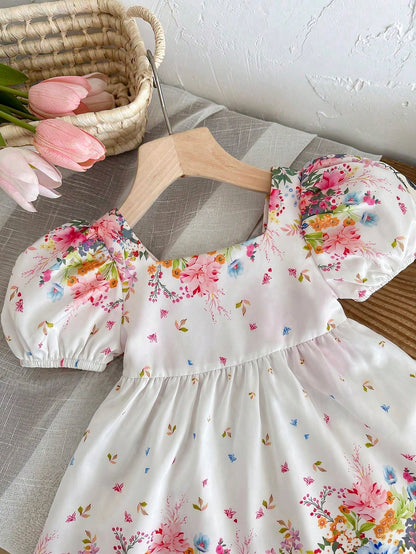 LMoss Kids Baby Girl Woven Ditsy Floral Square Collar Puff Sleeve Casual Cute Big Bow Decor Dress