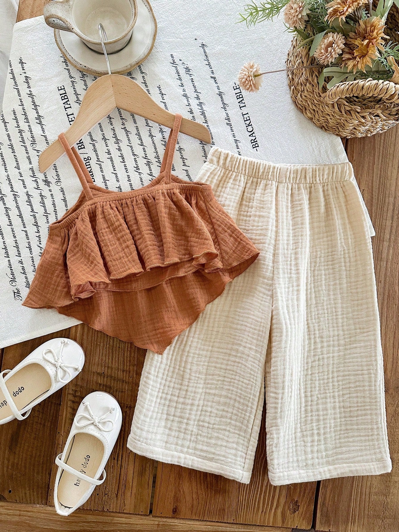 LMoss Kids LMoss 2pcs Baby Girl Woven Solid Color Camisole Top And Long Pants Set, Baby Girl