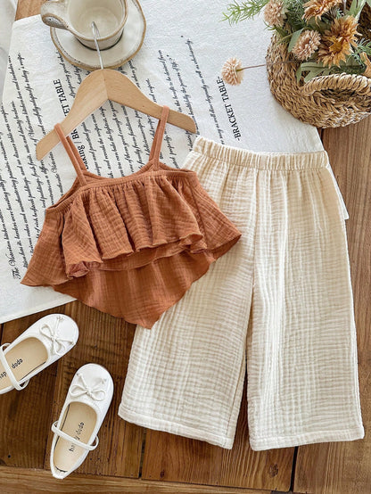LMoss Kids LMoss 2pcs Baby Girl Woven Solid Color Camisole Top And Long Pants Set, Baby Girl
