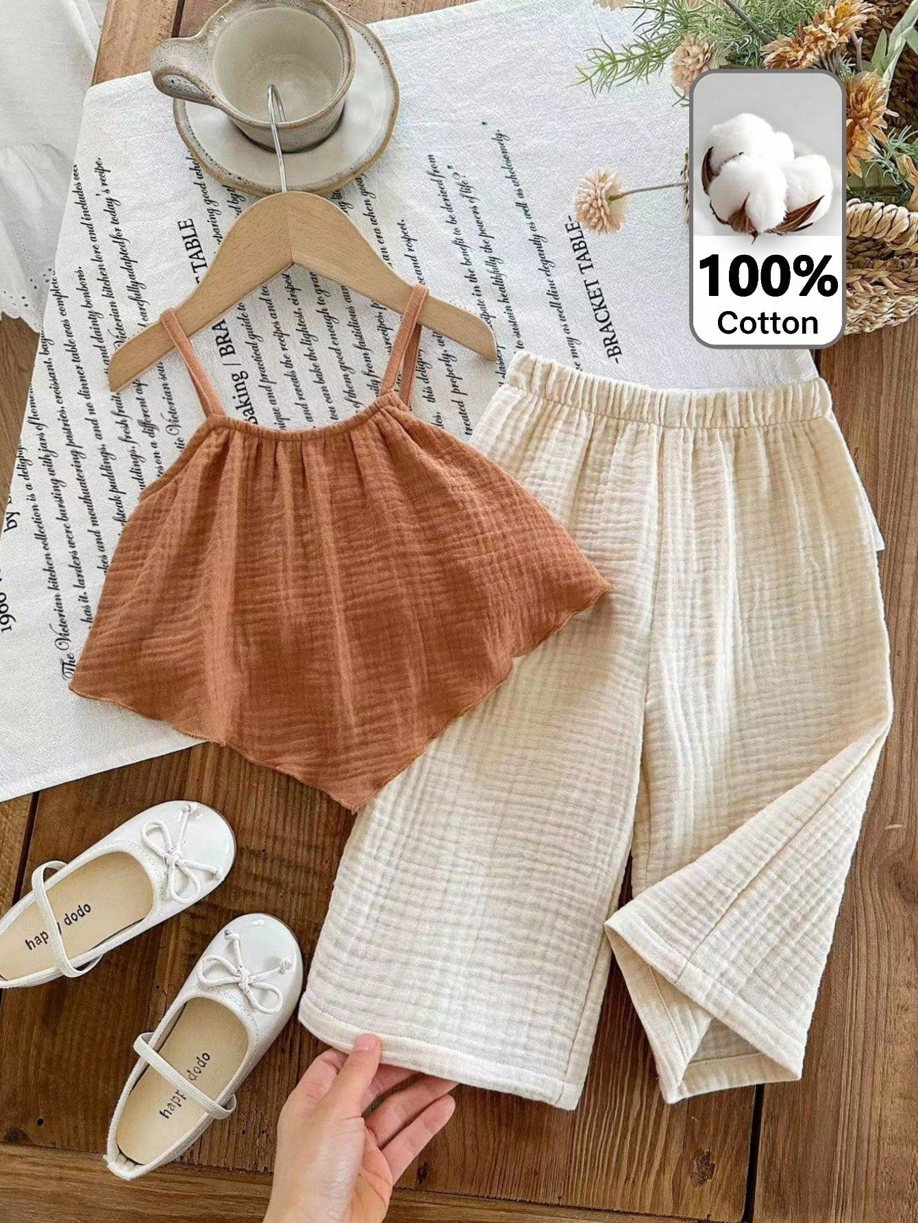 LMoss Kids LMoss 2pcs Baby Girl Woven Solid Color Camisole Top And Long Pants Set, Baby Girl