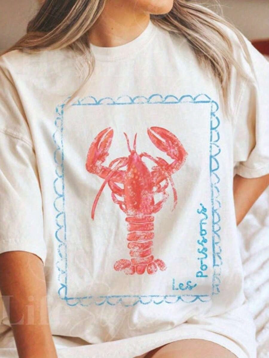 Lobster Graphic Tee| Worn French Coastal T-Shirt| Loose Coquette Style Top| Nautical Fisherman Fashion- Summer Tops For Women- Cotton Tops Women