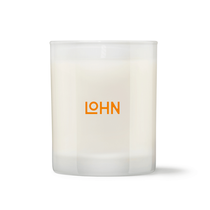 White candle container with 'LOHN' logo on a white background