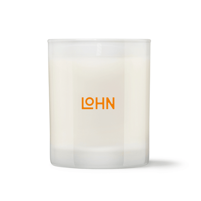 White candle container with 'LOHN' logo on a white background