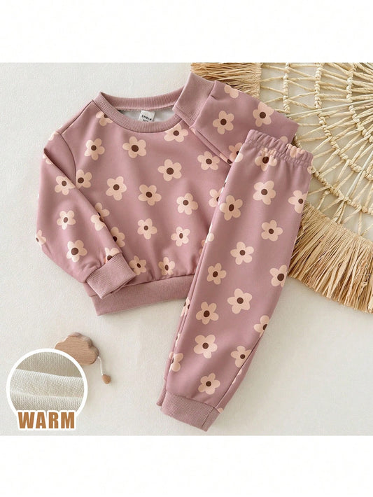 Loomiva 2pcs Baby Girl Floral Print Knit Soft Crew Neck Long Sleeve Sweatshirt And Elastic Waist Pants Set Flower Two Piece Toddler Outfit Fall Winter
