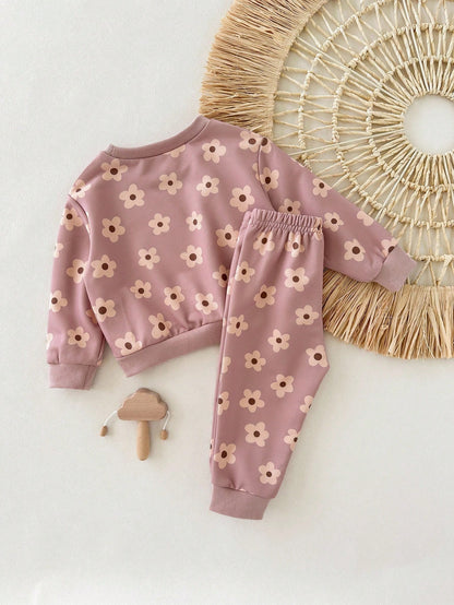 Loomiva 2pcs Baby Girl Floral Print Knit Soft Crew Neck Long Sleeve Sweatshirt And Elastic Waist Pants Set Flower Two Piece Toddler Outfit Fall Winter