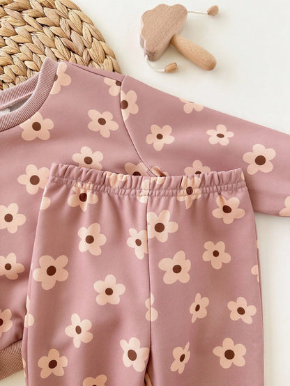 Loomiva 2pcs Baby Girl Floral Print Knit Soft Crew Neck Long Sleeve Sweatshirt And Elastic Waist Pants Set Flower Two Piece Toddler Outfit Fall Winter