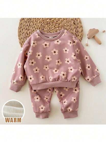 Loomiva 2pcs Baby Girl Floral Print Knit Soft Crew Neck Long Sleeve Sweatshirt And Elastic Waist Pants Set Flower Two Piece Toddler Outfit Fall Winter
