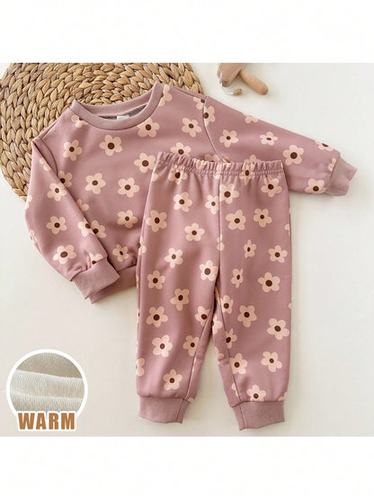Loomiva 2pcs Baby Girl Floral Print Knit Soft Crew Neck Long Sleeve Sweatshirt And Elastic Waist Pants Set Flower Two Piece Toddler Outfit Fall Winter