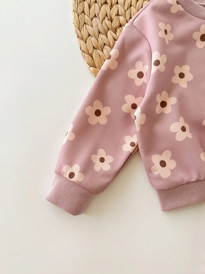 Loomiva 2pcs Baby Girl Floral Print Knit Soft Crew Neck Long Sleeve Sweatshirt And Elastic Waist Pants Set Flower Two Piece Toddler Outfit Fall Winter