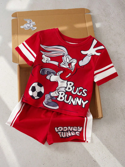 LOONEY TUNES X 2pcs Baby Boy Letter Print Short Sleeve T-Shirt And Shorts Casual Outfit