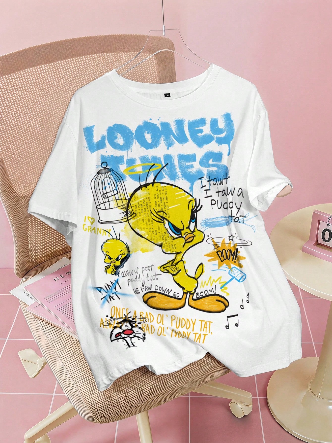 LOONEY TUNES X Plus Size Women's Letter Cartoon Print Round Neck Short Sleeve Casual T-Shirt