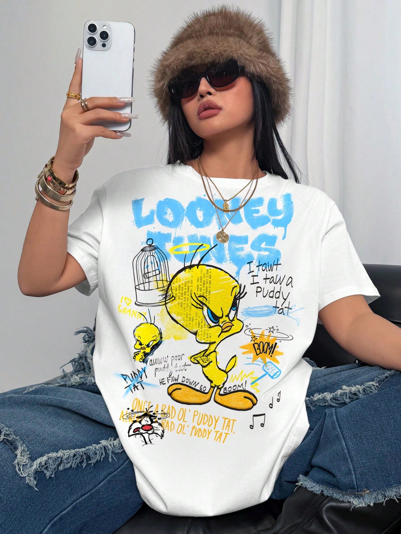 LOONEY TUNES X Plus Size Women's Letter Cartoon Print Round Neck Short Sleeve Casual T-Shirt