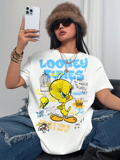 LOONEY TUNES X Plus Size Women's Letter Cartoon Print Round Neck Short Sleeve Casual T-Shirt