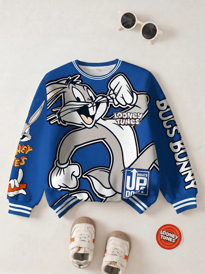 LOONEY TUNES X Tween Boy Casual Fashion Street Cute Cartoon Rabbit & Letter Print Dropped Shoulder Loose Contrast Striped Trim Fleece Sweatshirt, Autumn/Winter Y2k Sweat Shirts Kids Kids Sweatsh