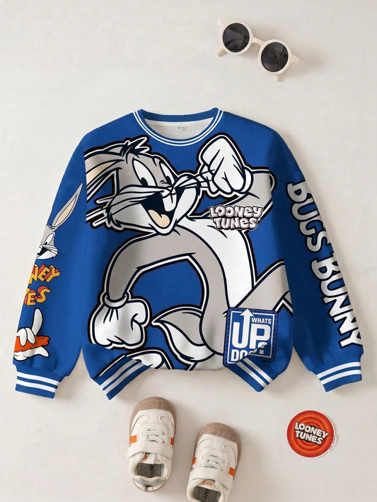 LOONEY TUNES X Tween Boy Casual Fashion Street Cute Cartoon Rabbit & Letter Print Dropped Shoulder Loose Contrast Striped Trim Fleece Sweatshirt, Autumn/Winter Y2k Sweat Shirts Kids Kids Sweatsh