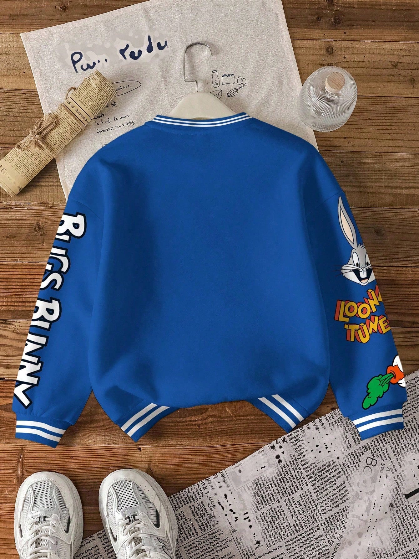 LOONEY TUNES X Tween Boy Casual Fashion Street Cute Cartoon Rabbit & Letter Print Dropped Shoulder Loose Contrast Striped Trim Fleece Sweatshirt, Autumn/Winter Y2k Sweat Shirts Kids Kids Sweatsh