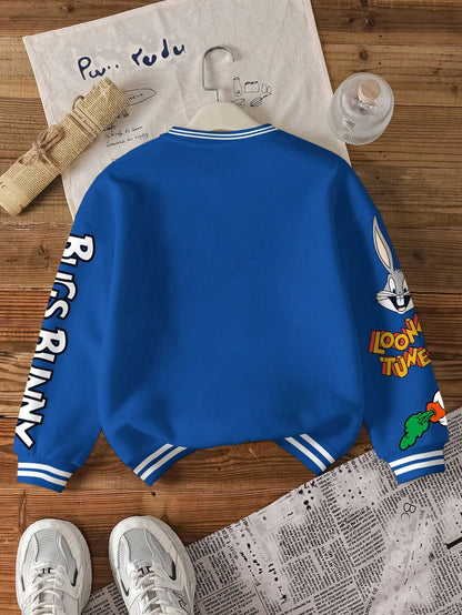 LOONEY TUNES X Tween Boy Casual Fashion Street Cute Cartoon Rabbit & Letter Print Dropped Shoulder Loose Contrast Striped Trim Fleece Sweatshirt, Autumn/Winter Y2k Sweat Shirts Kids Kids Sweatsh