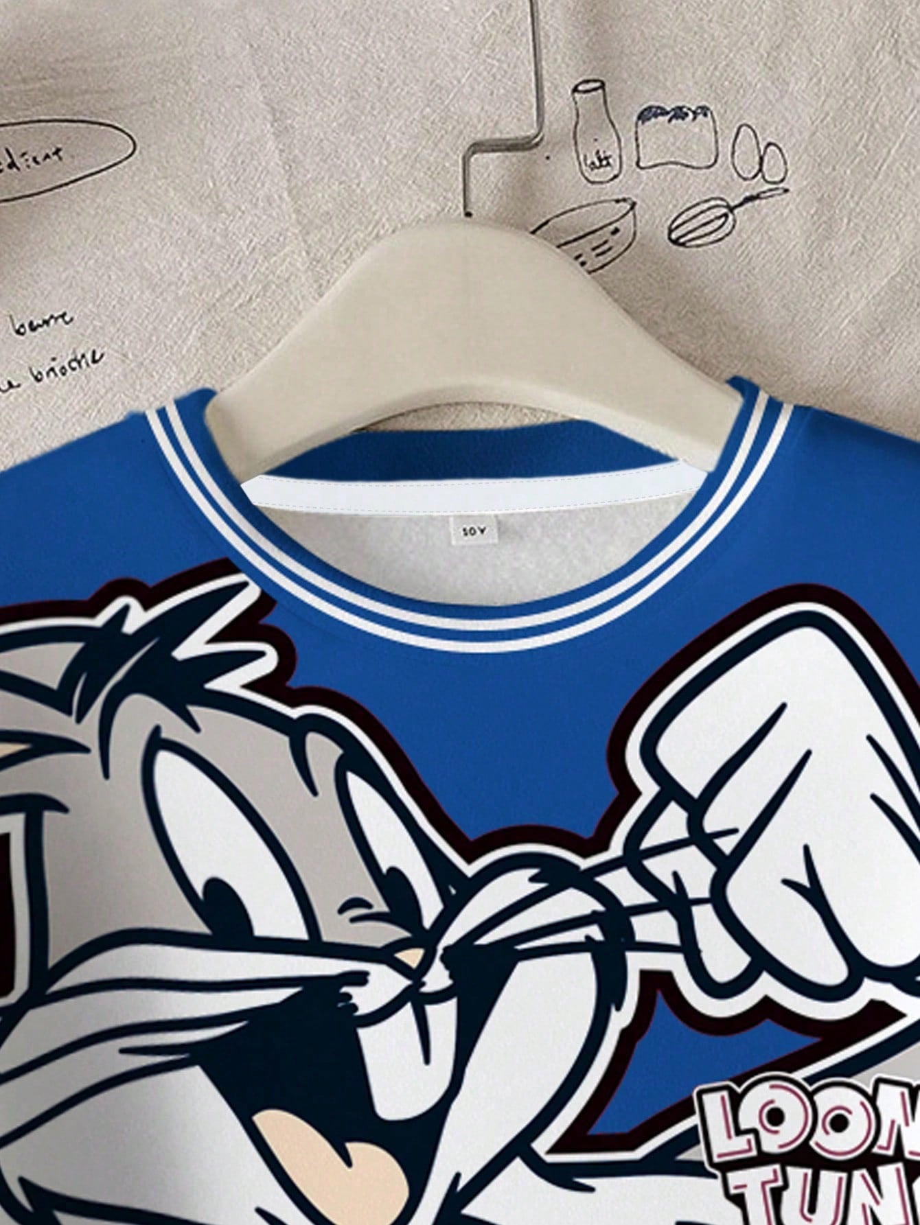 LOONEY TUNES X Tween Boy Casual Fashion Street Cute Cartoon Rabbit & Letter Print Dropped Shoulder Loose Contrast Striped Trim Fleece Sweatshirt, Autumn/Winter Y2k Sweat Shirts Kids Kids Sweatsh